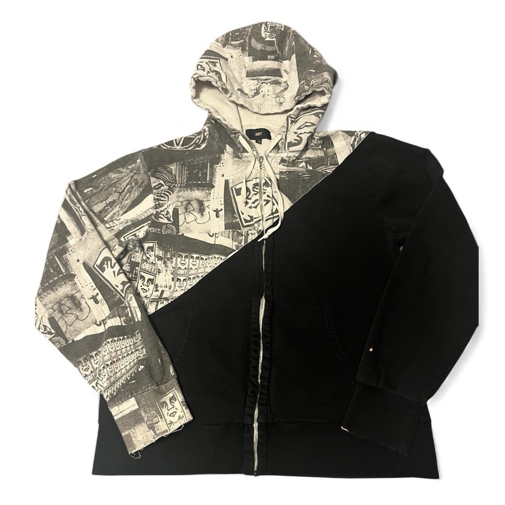OBEY Vintage 2000s Y2K black and white zip up hoodie size large